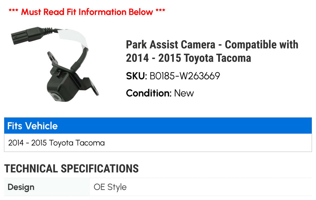 Compatible - with Park Assist Camera Tacoma 2015 - 2014