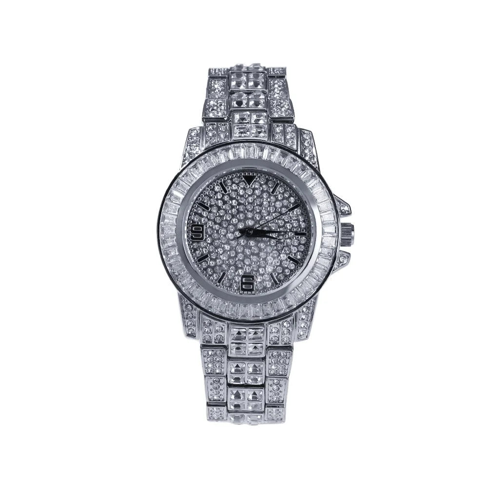 Bling Quartz Finish Adjustable Hop Band Stainless dimension Hip Luxury Diamond Rapper Fully Iced Men Watch Out Steel Custom White Simulated Gold