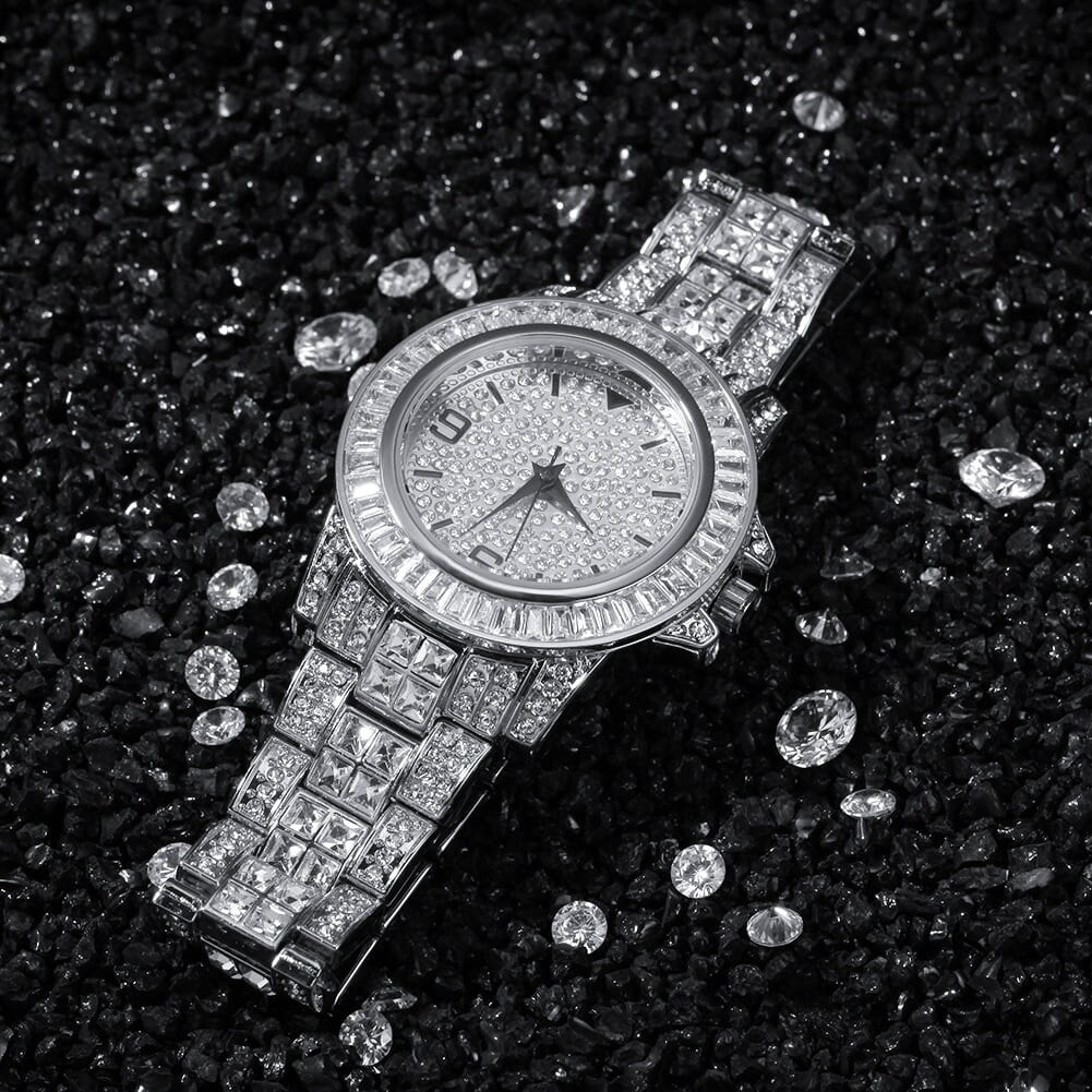 Bling Quartz Finish Adjustable Hop Band Stainless dimension Hip Luxury Diamond Rapper Fully Iced Men Watch Out Steel Custom White Simulated Gold