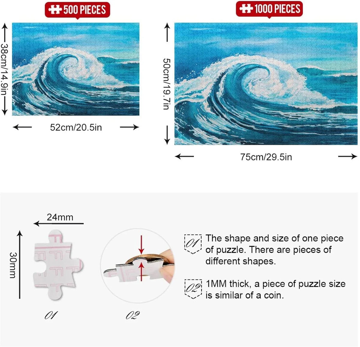 to Reduce Sea Colored Cooperation,for Waves Irregular 1000 SKYSONIC Time a on Printed Difficulty, Pcs and Adults a Puzzle of (5) with in Box, Letters Back of Kids(20.5x14.9In) Happy