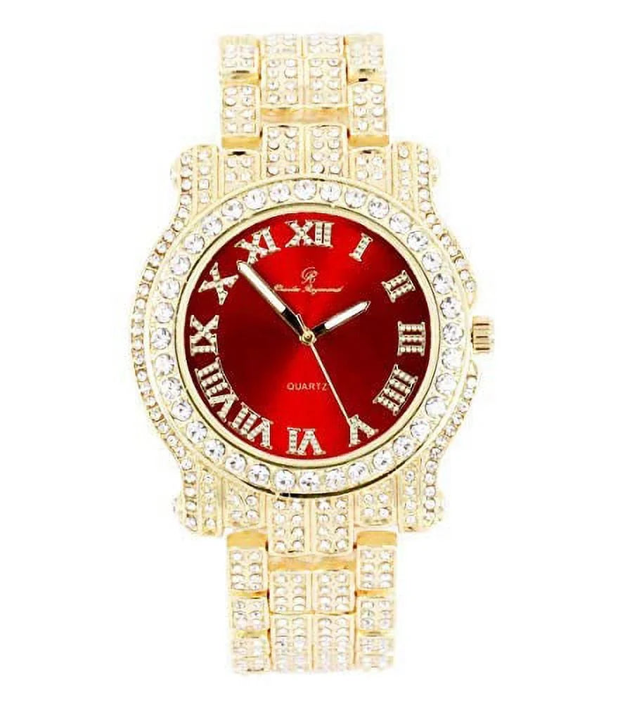 Bling-ed Watch Round Out w/Bling-ed Mens Link Luxury Red Design - Out Bracelet Blood ZZ Gold ZZ Gold L0504RNB