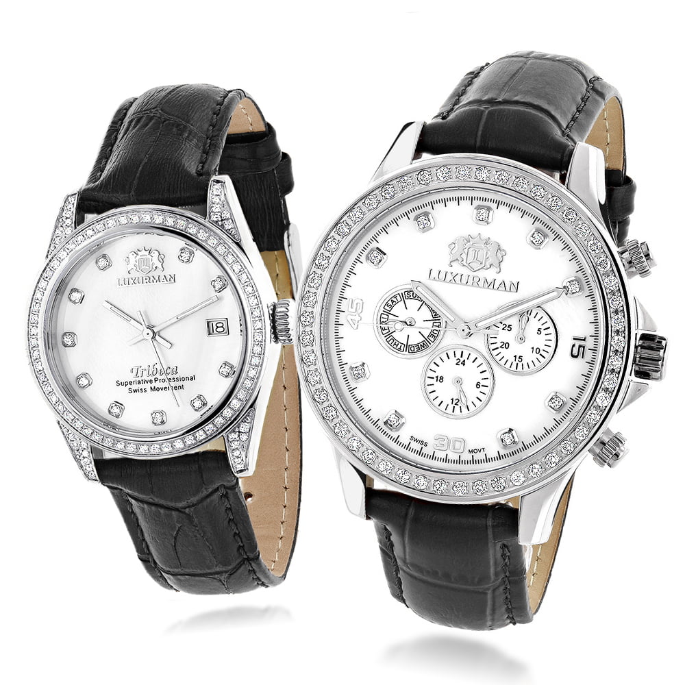 Mvt Hers Matching w Watches MOP Swiss Diamond Black and Real His Leather White Band