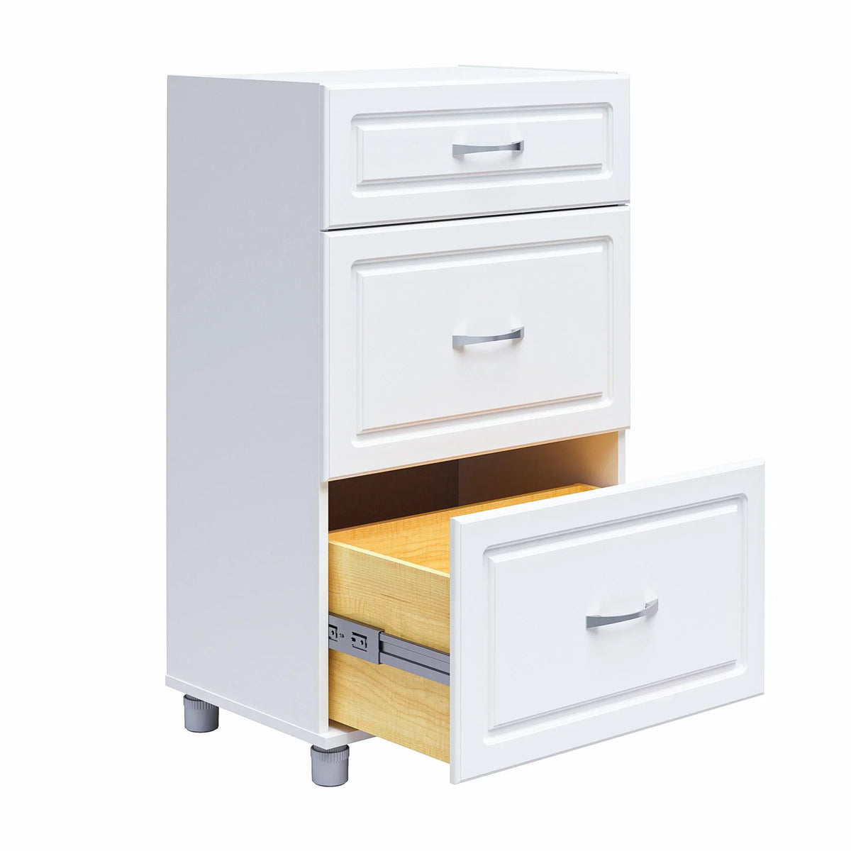 24" Systembuild Cabinet, Evolution Garage 3 Drawer Base White Storage Kendall