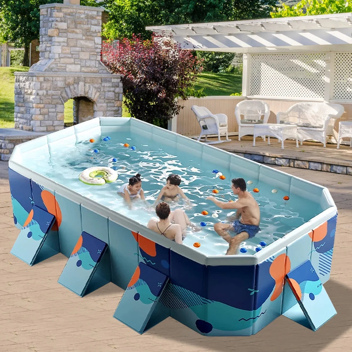 Collapsible Pool Garden Kiddie Swimming Ground Pool Backyard(Blue) 113" for Above Non-Inflatable ANJORALA