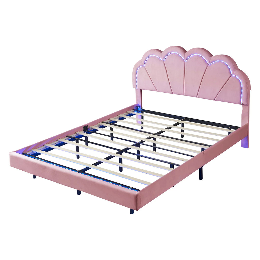 Wooden with Slats Velvet LED Queen Bed with Bed Upholstered Flowers LED Platform Smart CoSoTower Elegant Frame Headboard,Floating Support,Pink