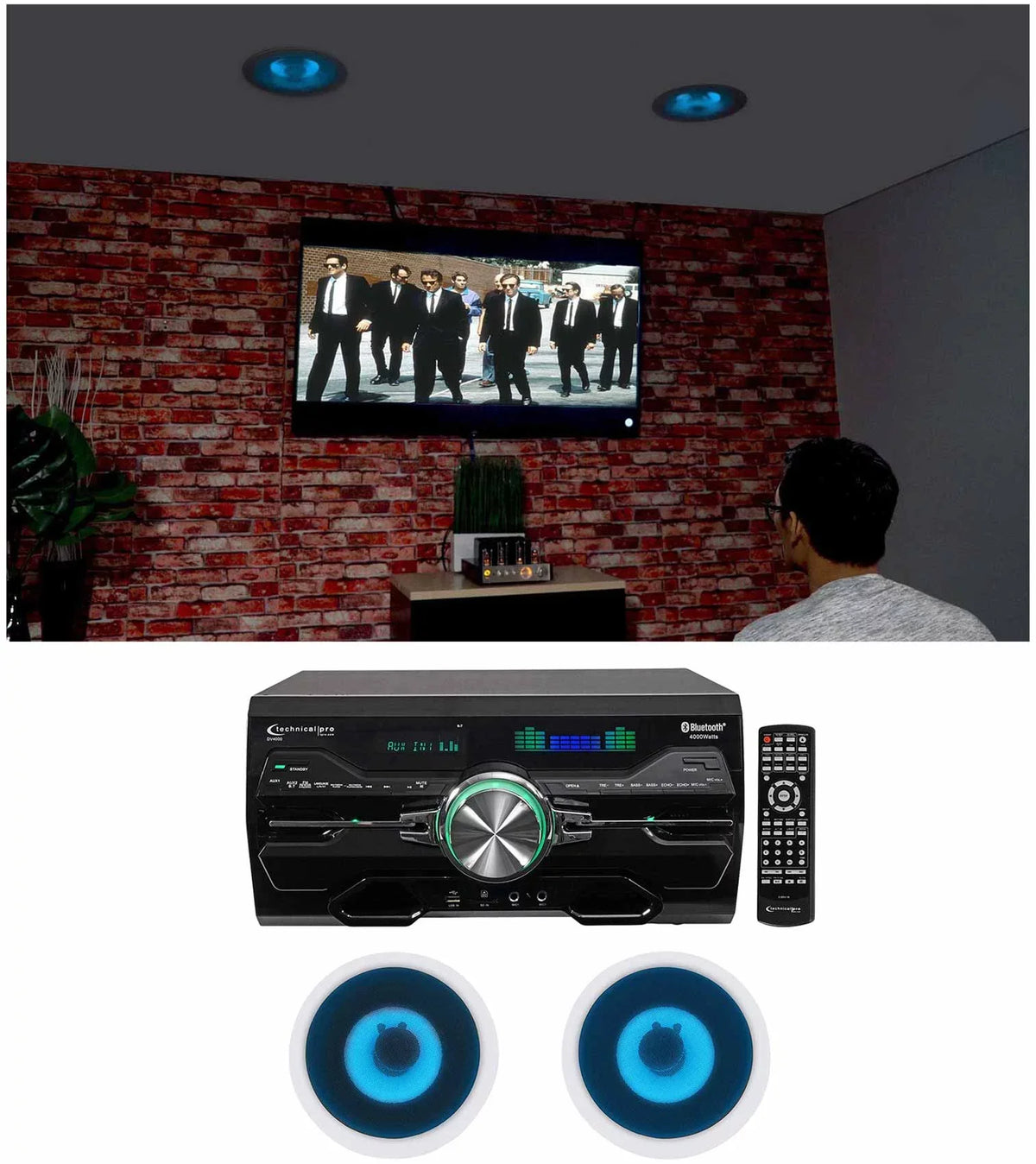 Speakers Technical Ceiling Blue Home DVD Receiver+(2) DV4000 LED Theater 8" Pro