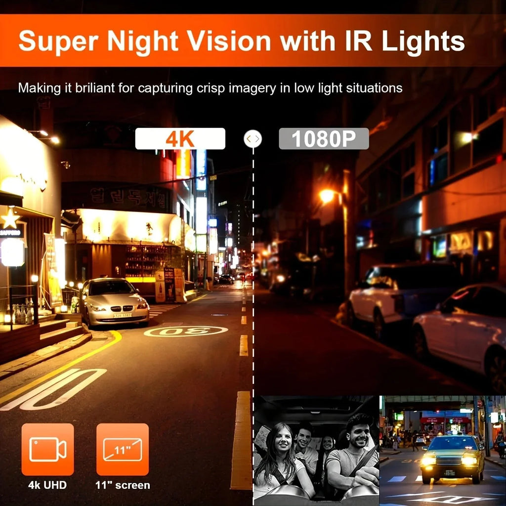 Cam Camera Card G-Sensor Screen Touch Night Channels Parking 4K for Vision Car VVCAR Dash Rear Mirror 3 32GB Monitor 11" GPS View