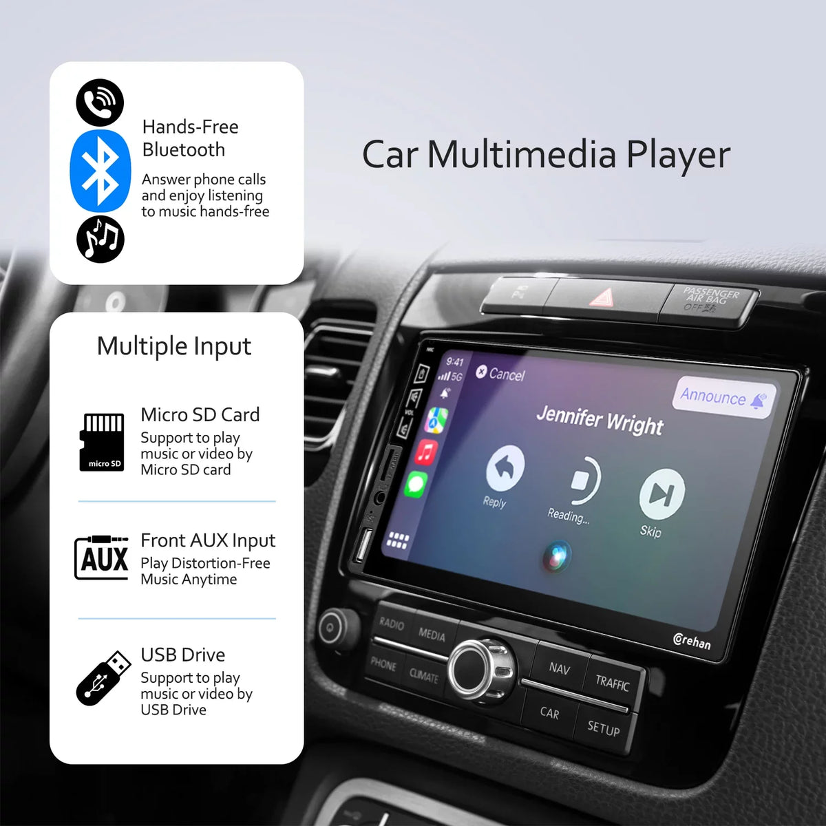 IPS Inch Complimentary Bluetooth with Screen Compatiable Din Mirror Car Double Multimedia Player Camera Auto, Stereo Corehan 7 Radio Android Backup with Carplay, Touch Link - Car