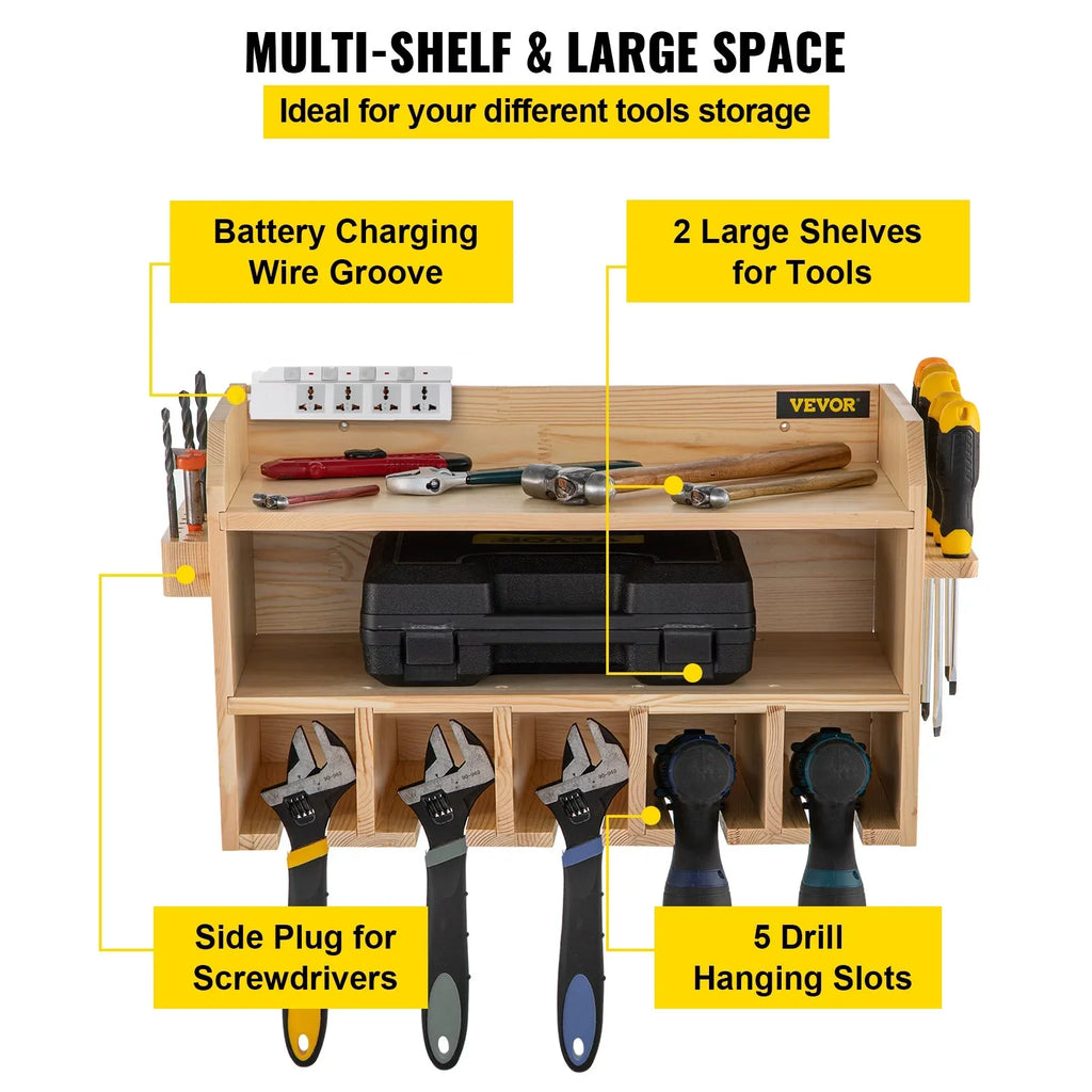Tool Mount Slots, Wood Organizer, Polished Storage, Wall 2-Shelf Drill 5 Drill