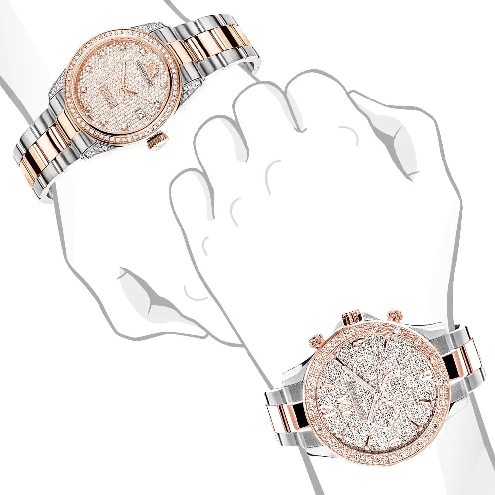 Swiss Watches: Set Matching White 18k 1.7ct Mvt & Gold and Diamond Plated His Rose Watch Hers