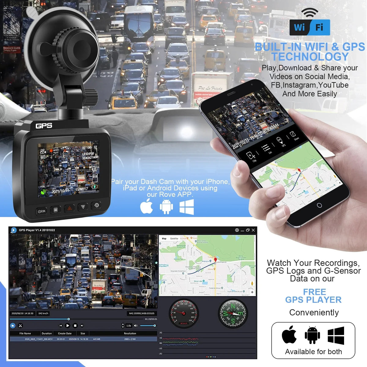 G-Sensor, WDR, GPS WiFi Wide 4K Recording, and Car for Camera, FHD with with Monitor, 2160P Built-in Recorder Cam Cars, Cam Vision, Loop Dash Front Dash Angle 170° Parking Driving Rear Night &