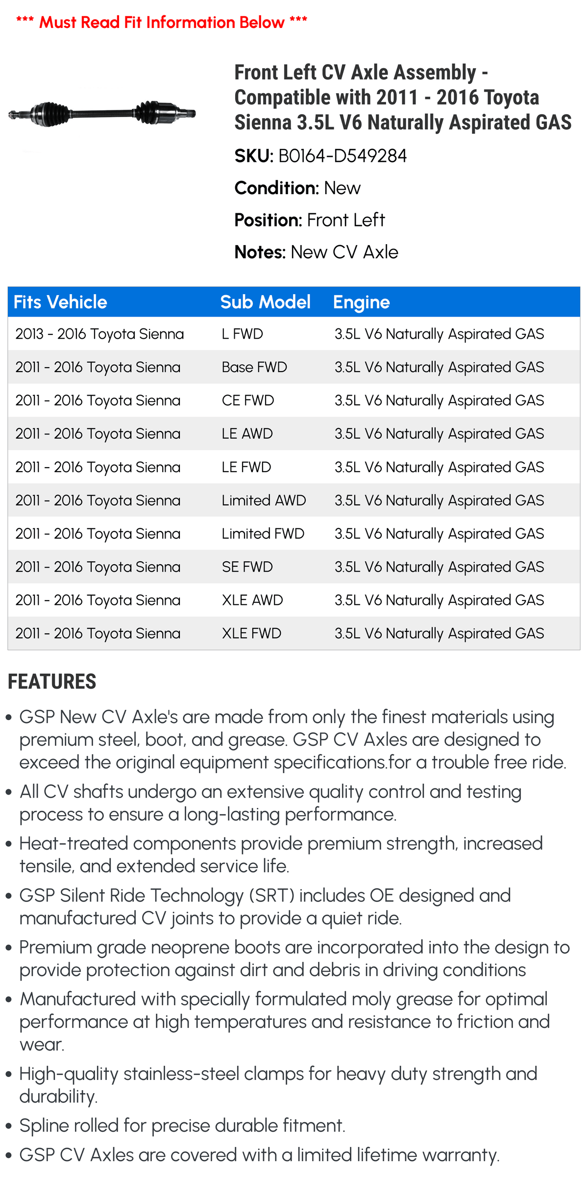 2014 Left - 2015 2016 2012 Naturally - GAS Sienna CV 3.5L Front Aspirated Assembly V6 2013 Compatible 2011 Axle with