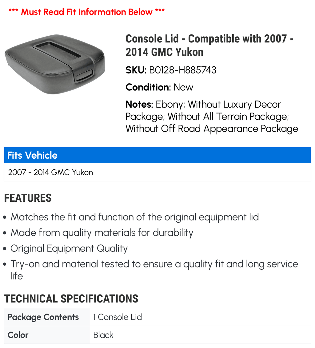 Compatible 2007 - with Console - 2011 2014 Yukon 2008 2010 2009 2012 2013 GMC Lid