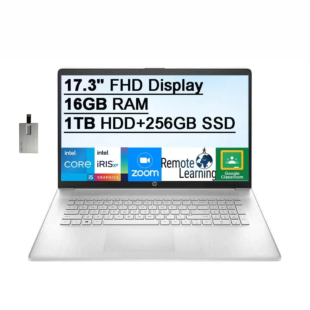 16GB Graphics, Nits HD Webcam, Xe HD USB Backlit 250 Audio, Keyboard, 32GB Core RAM, Silver, HP Computer, 1TB SSD, i5-1155G7 Processor, 2021 Laptop Card Iris FHD 17.3" Win11, IPS HDD+256GB