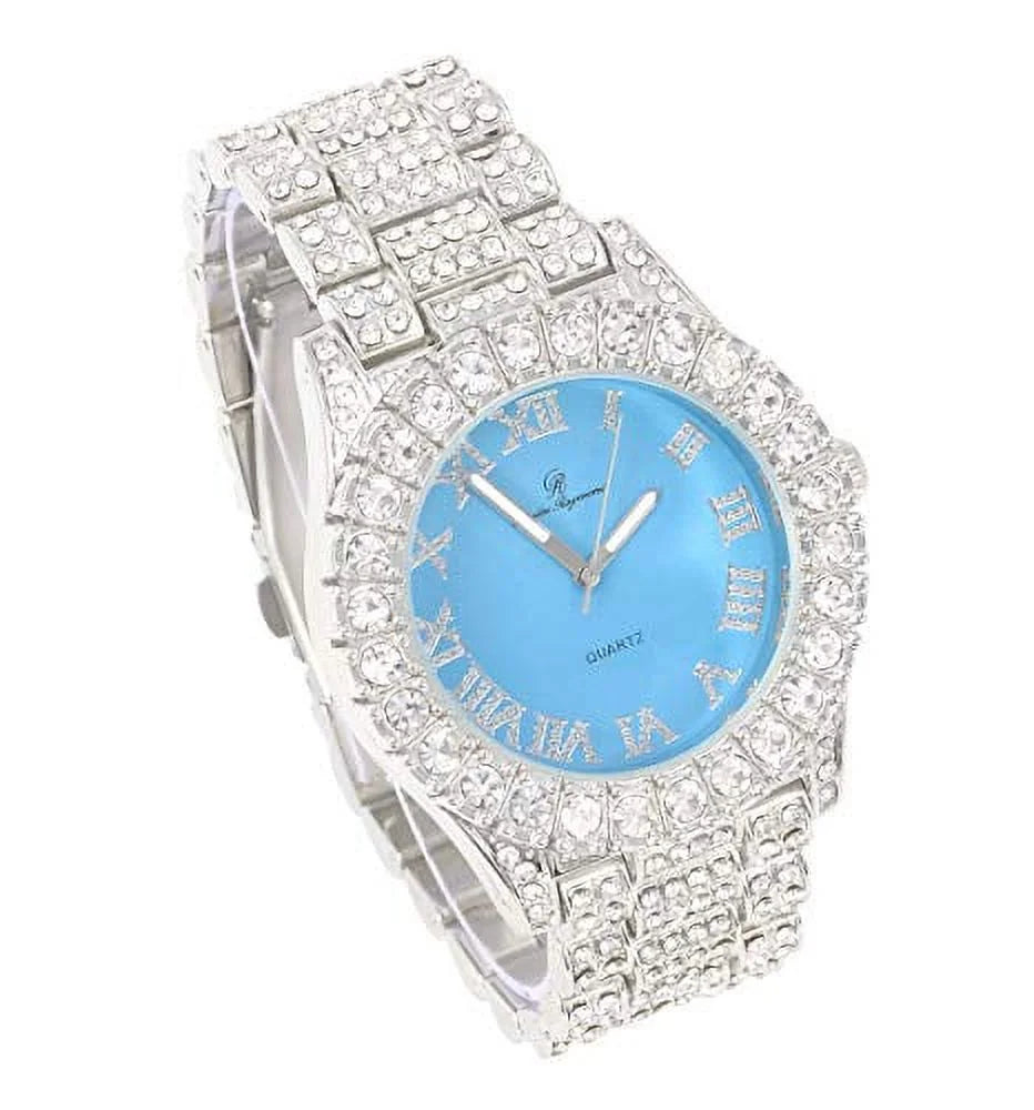 Roman Out Baby Blue) - with Silver Iced w/Bling'ed Silver Cuban ST10327 Fully Mens Numerals Out RN Shiny Watch Colorful (Silver Bracelet Dial Rocks Big Cuban