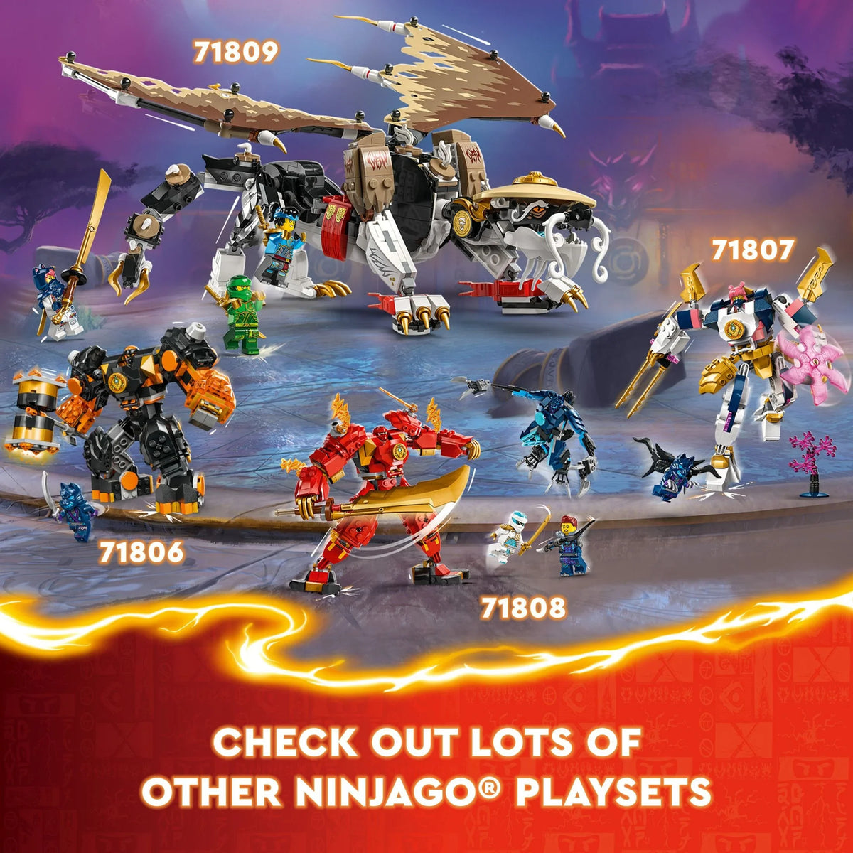Play, Ninja NINJAGO Boys Toy and Egalt with Dragon and Master 71809 Girls Group Toy for Hero Figure, Ages Independent Action or Up, LEGO Idea for Gift the Set Minifigures 5 Battle 8 Dragon