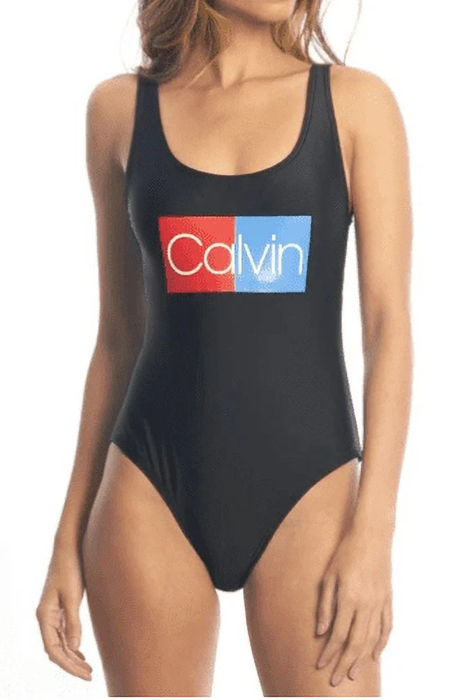 Klein Logo US U-Back BLACK Deep One-Piece Large Calvin Swimsuit,
