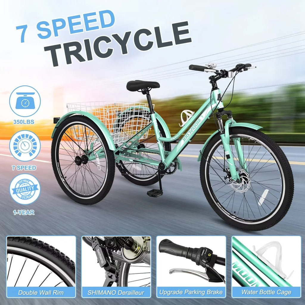 3-Wheeled Recreation Shopping, Trikes Rides, Mountain Heavy Exercise, Adventurous Adults 7-Speed w/Spacious MOPHOTO Tricycles, Bike and Basket 24"/26"/27.5" for Duty
