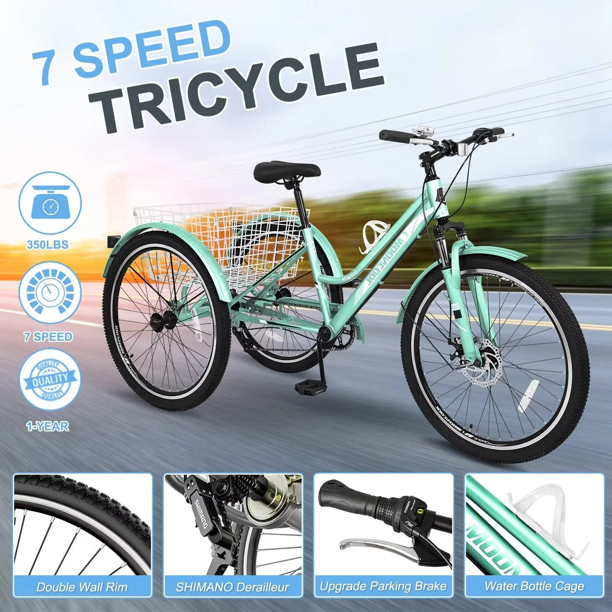 3-Wheeled Recreation Shopping, Trikes Rides, Mountain Heavy Exercise, Adventurous Adults 7-Speed w/Spacious MOPHOTO Tricycles, Bike and Basket 24"/26"/27.5" for Duty