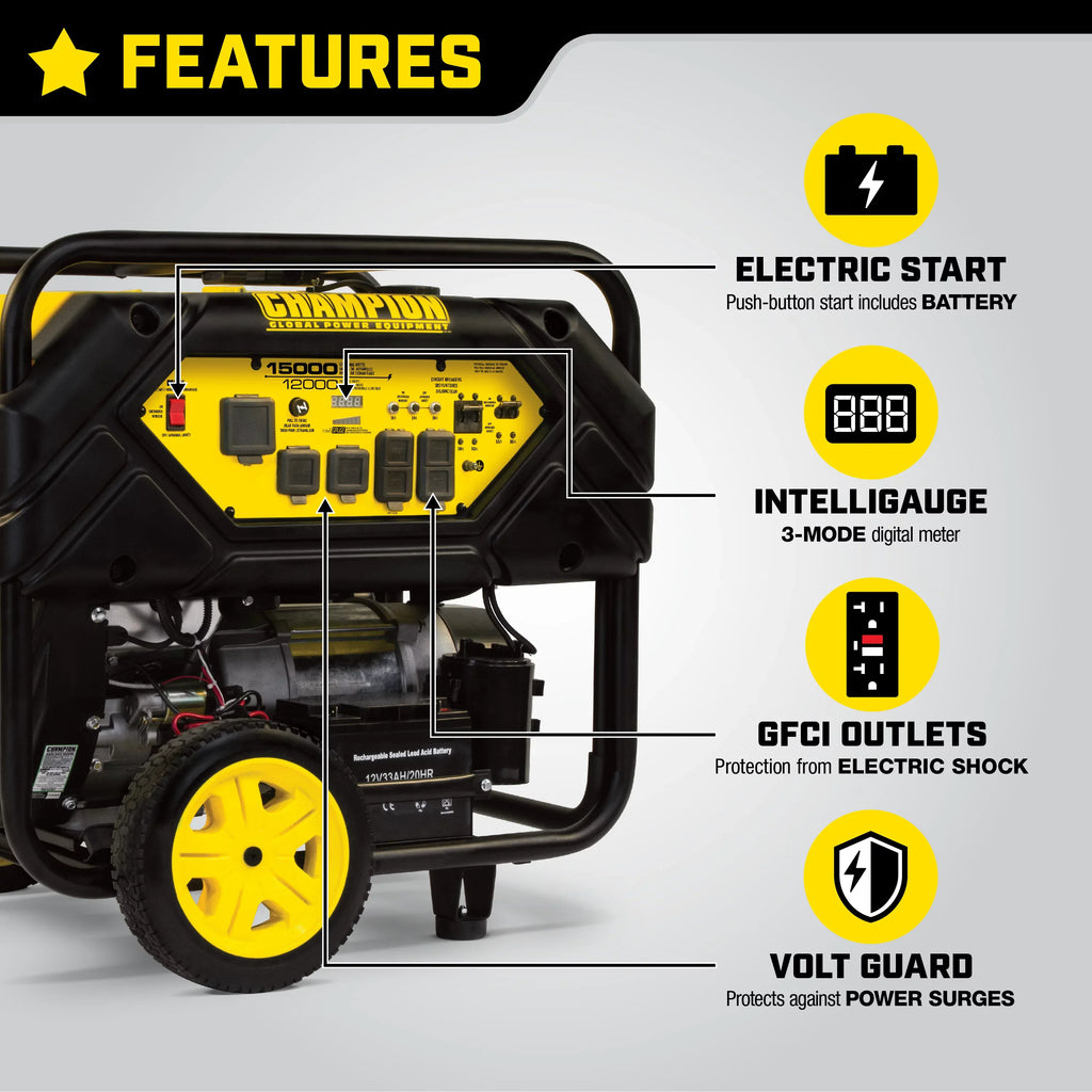 and 15,000/12,000 Lift Watts Generator Electric Power Hook with Champion Portable Equipment Start