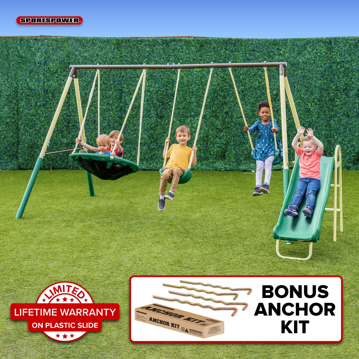 Swing, Sportspower Warranty Swing Molded and Blow Slide, with Kit Super Saucer Saucer on Metal Anchor Set Padded BONUS Lifetime