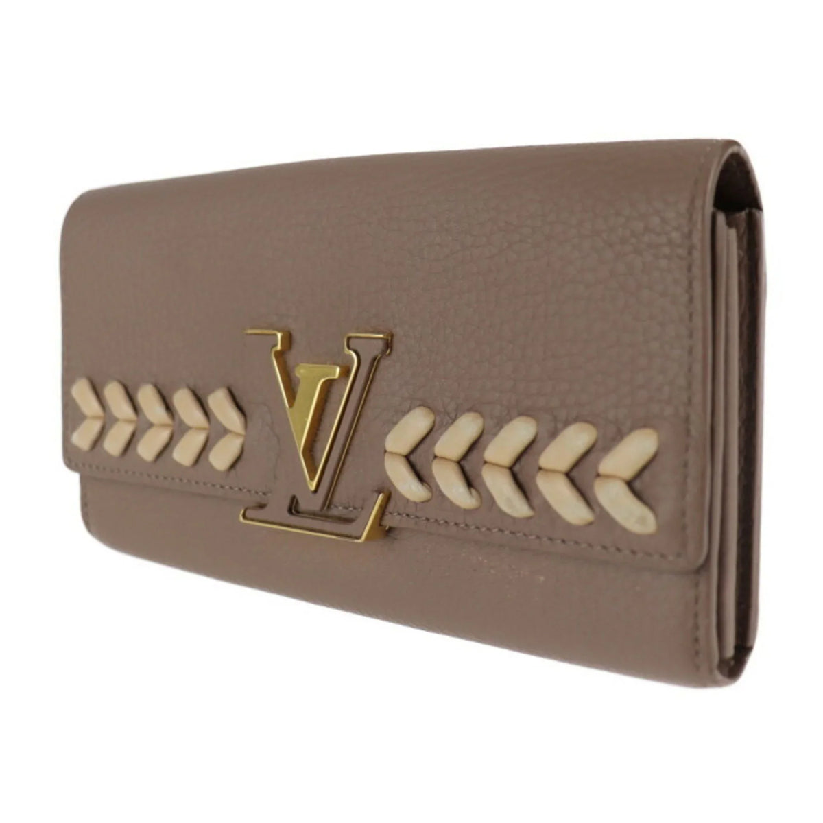 Parnacea Capucines Long LV (Good) Gold Beige Taupe Portefeuille Genuine Fitting Taurillon M62075 Metal Logo Pre-Owned Wallet Leather