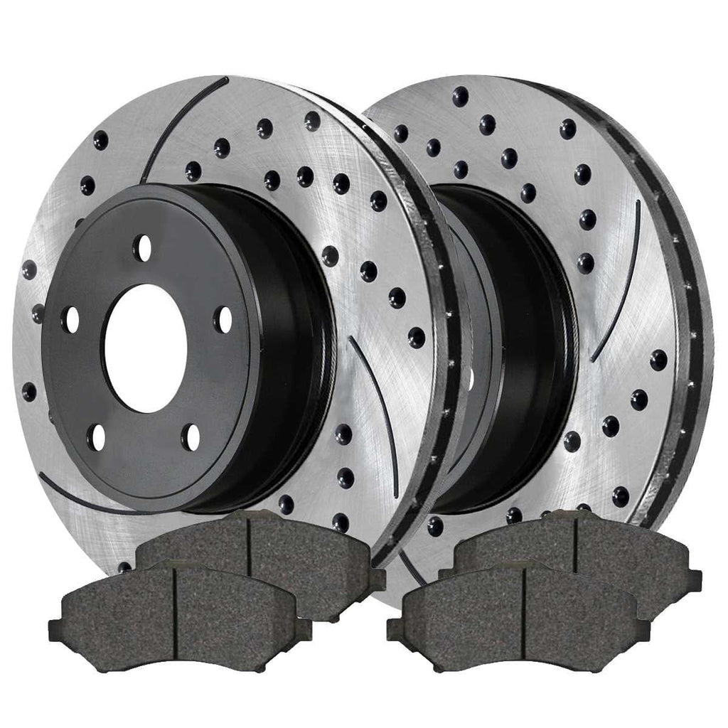 2008-2016 Front Replacement Drilled Journey Rotors Driver Ram Chrysler Brake AutoShack Dodge FWD Pads and V6 C/V Side Ceramic Country and for Kit Town Passenger Routan Black Caravan Grand Slotted VW &