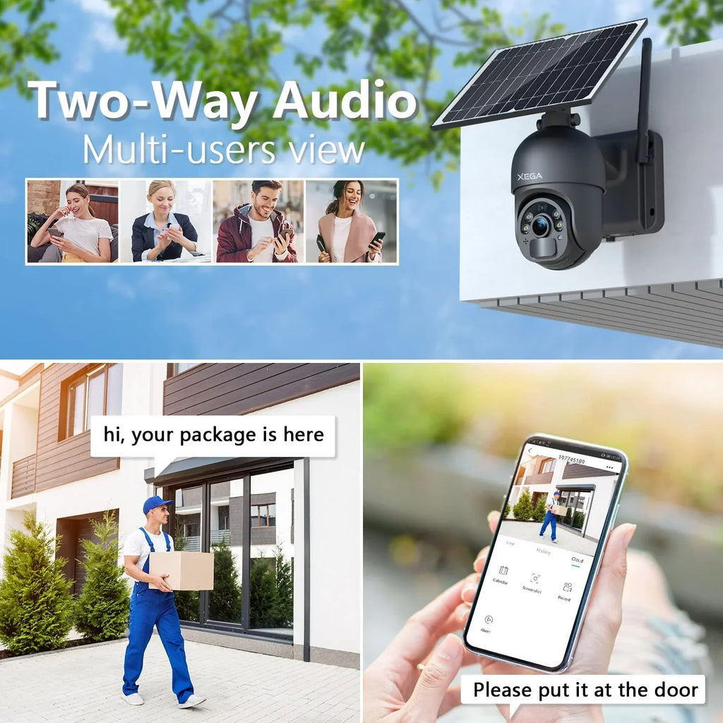 2-Way Need No Talk, Wireless 2K Zoom, Battery, 14400mAh Solar/Battery Pan Card, Tilt, 95° Camera Security Cellular IP66, Wifi 355° Xega Vision, LTE Rechargeable Power with 3G/4G 4X Night SIM exterior