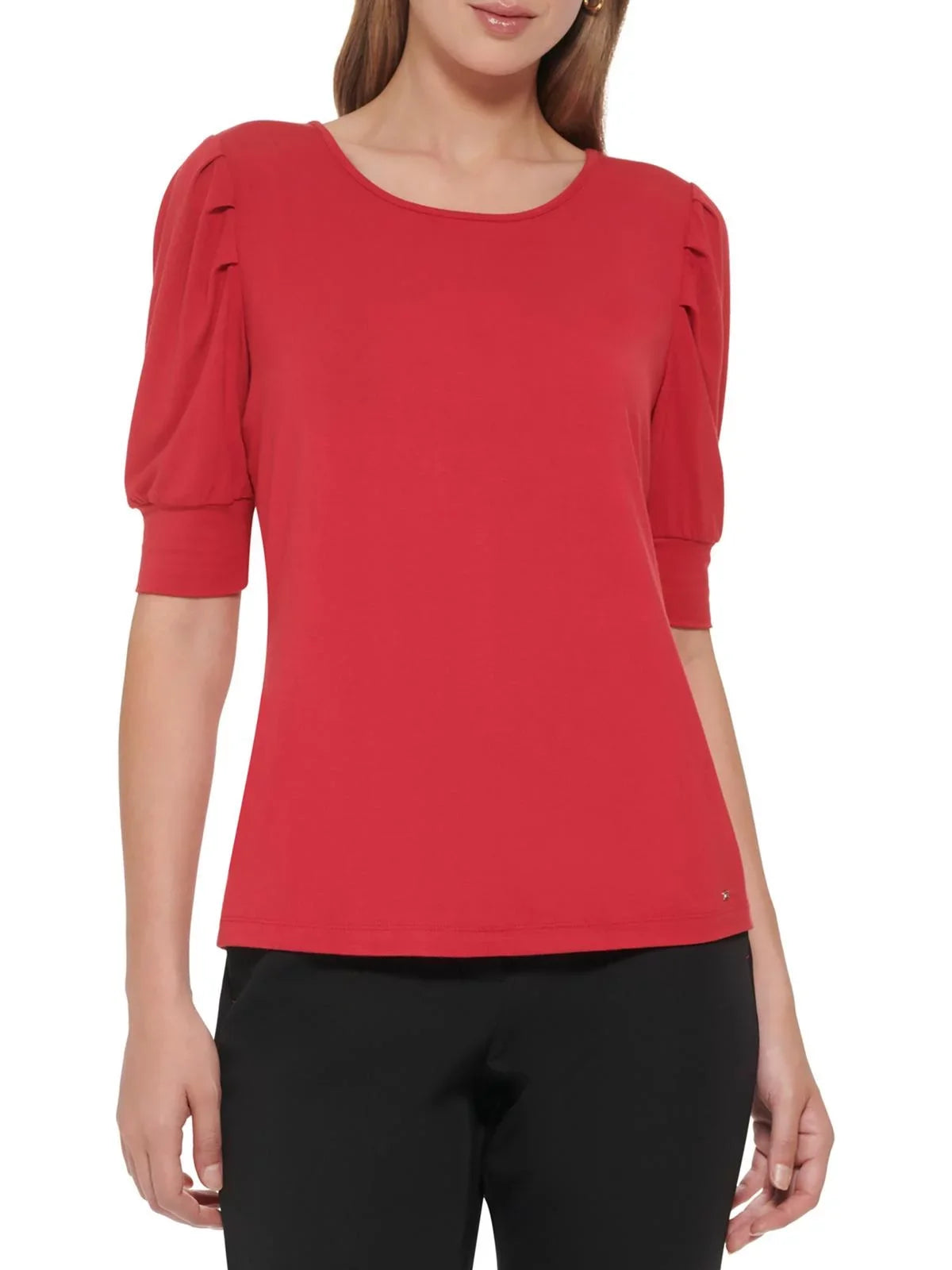 Womens Pleated Shoulder Top Tommy Elbow Pullover Sleeves Hilfiger