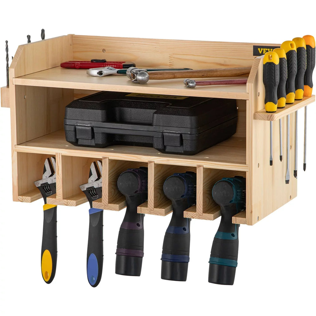 Tool Mount Slots, Wood Organizer, Polished Storage, Wall 2-Shelf Drill 5 Drill