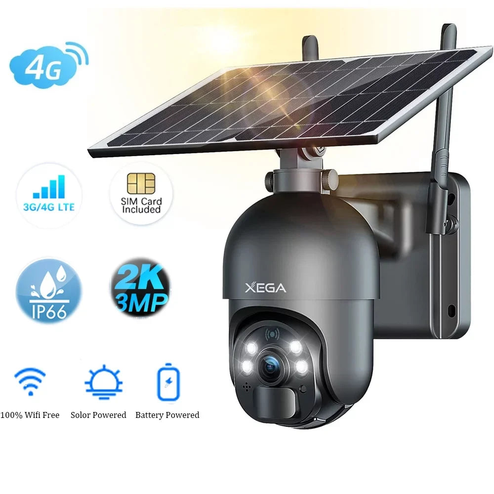 2-Way Need No Talk, Wireless 2K Zoom, Battery, 14400mAh Solar/Battery Pan Card, Tilt, 95° Camera Security Cellular IP66, Wifi 355° Xega Vision, LTE Rechargeable Power with 3G/4G 4X Night SIM exterior