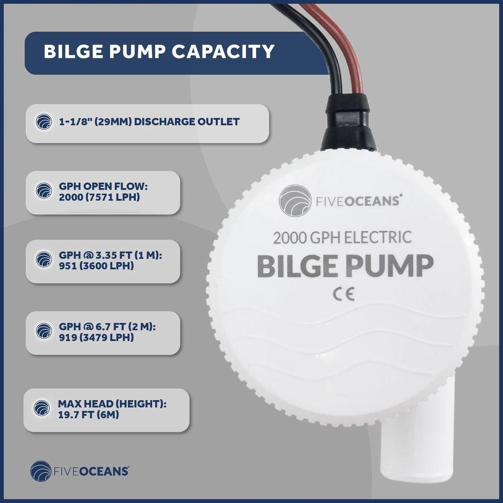 LPH GPH (29mm) Float Oceans Five 7571 Inside / Bilge - Kit, 12-Volts, 2000 Pump 1-1/8-Inch Diameter with Switch FO3616-C2 Automatic Hose, Heavy-Duty