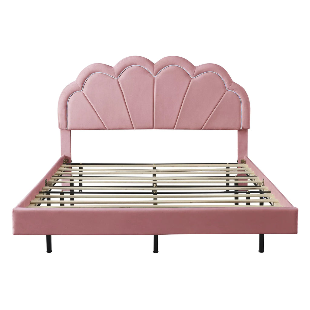 Wooden with Slats Velvet LED Queen Bed with Bed Upholstered Flowers LED Platform Smart CoSoTower Elegant Frame Headboard,Floating Support,Pink
