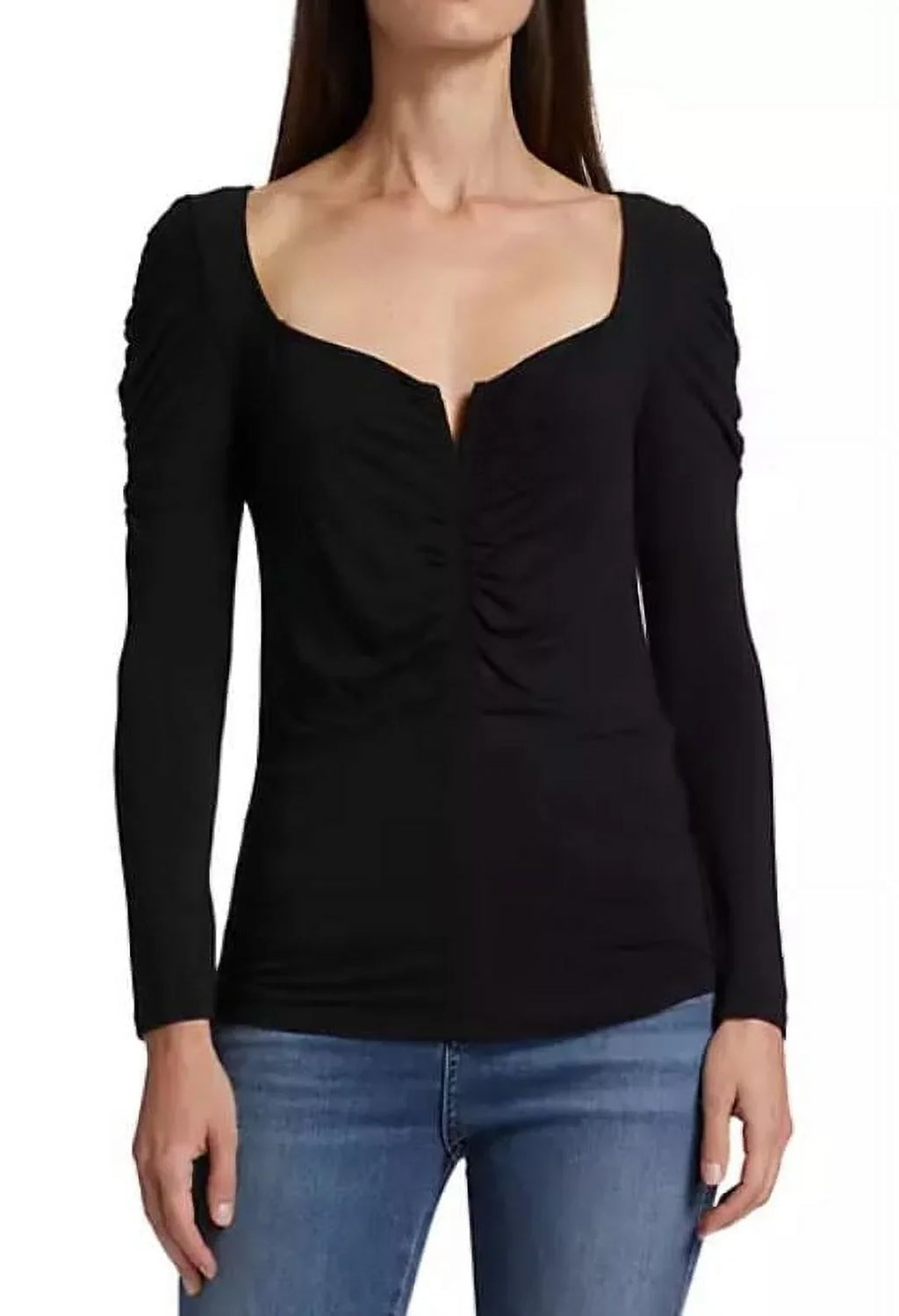 Top, Veronica Priyanka Beard Pullover Large Jersey Black Ruched Women's