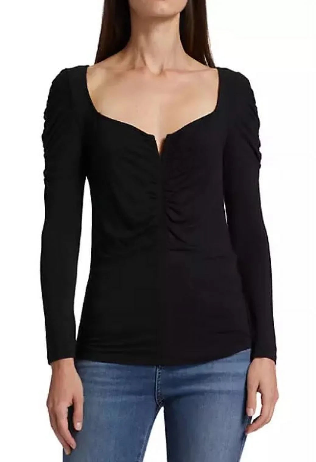 Top, Veronica Priyanka Beard Pullover Large Jersey Black Ruched Women's