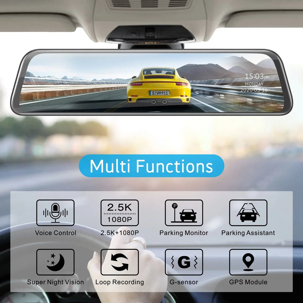 with Vision Rear Control Cam 2.5K Waterproof Voice GPS, Cam Screen, Backup Front Mirror and 12" TOGUARD w/Anti-Glare, Touch Dash Lock, with Wireless Mirror View Rear Parki Camera, Emergency Night Dash