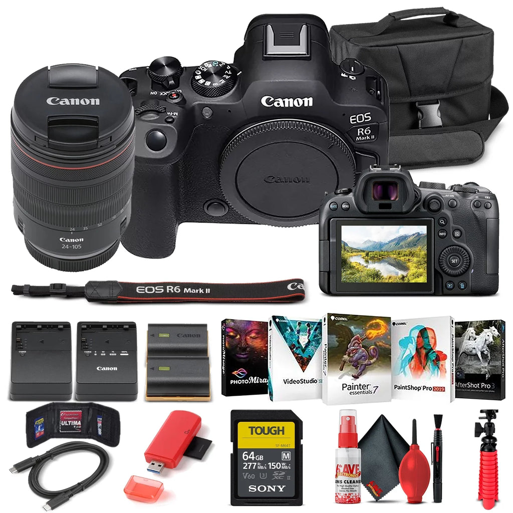 (5666C011) f/4 Photo Case Charger Lens Memory 64GB + Card + with Canon Corel + EOS Reader + Battery Software 24-105mm II + R6 External Camera + LPE6 Mirrorless + Card Mark More