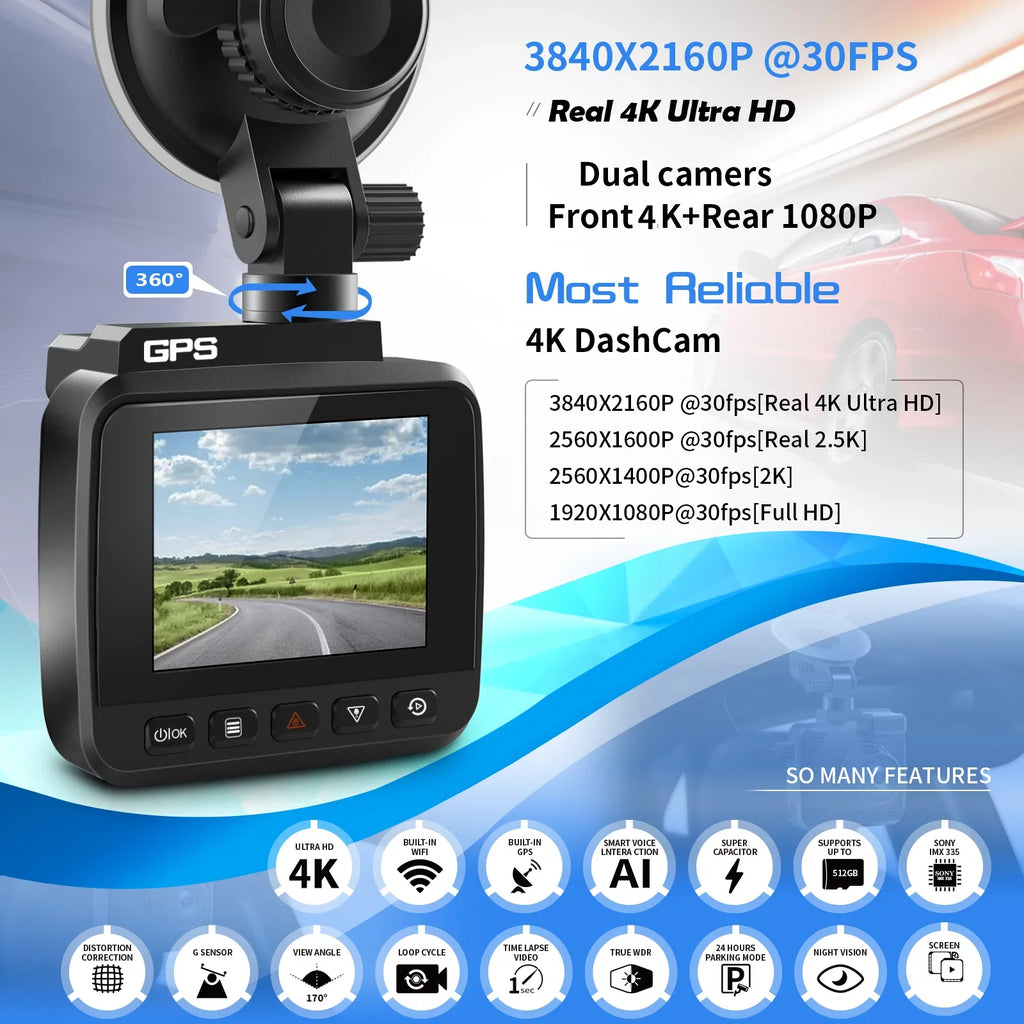 G-Sensor, WDR, GPS WiFi Wide 4K Recording, and Car for Camera, FHD with with Monitor, 2160P Built-in Recorder Cam Cars, Cam Vision, Loop Dash Front Dash Angle 170° Parking Driving Rear Night &