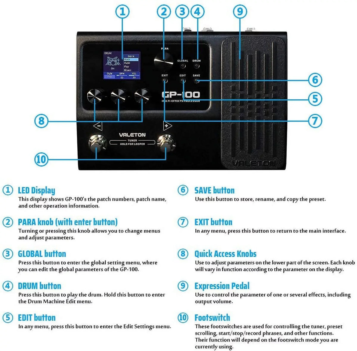 Processor, (with power 9V GP-100 supply) Multi-Effects Valeton