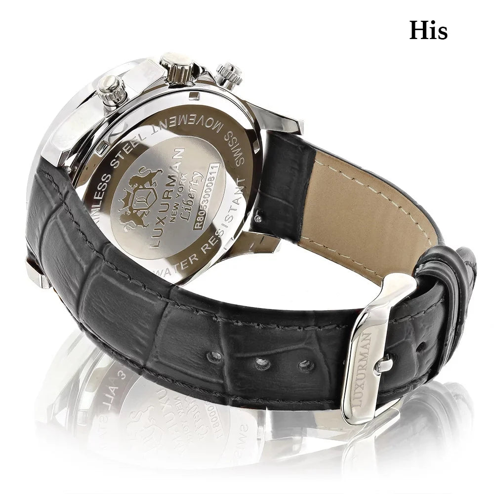 Mvt Hers Matching w Watches MOP Swiss Diamond Black and Real His Leather White Band