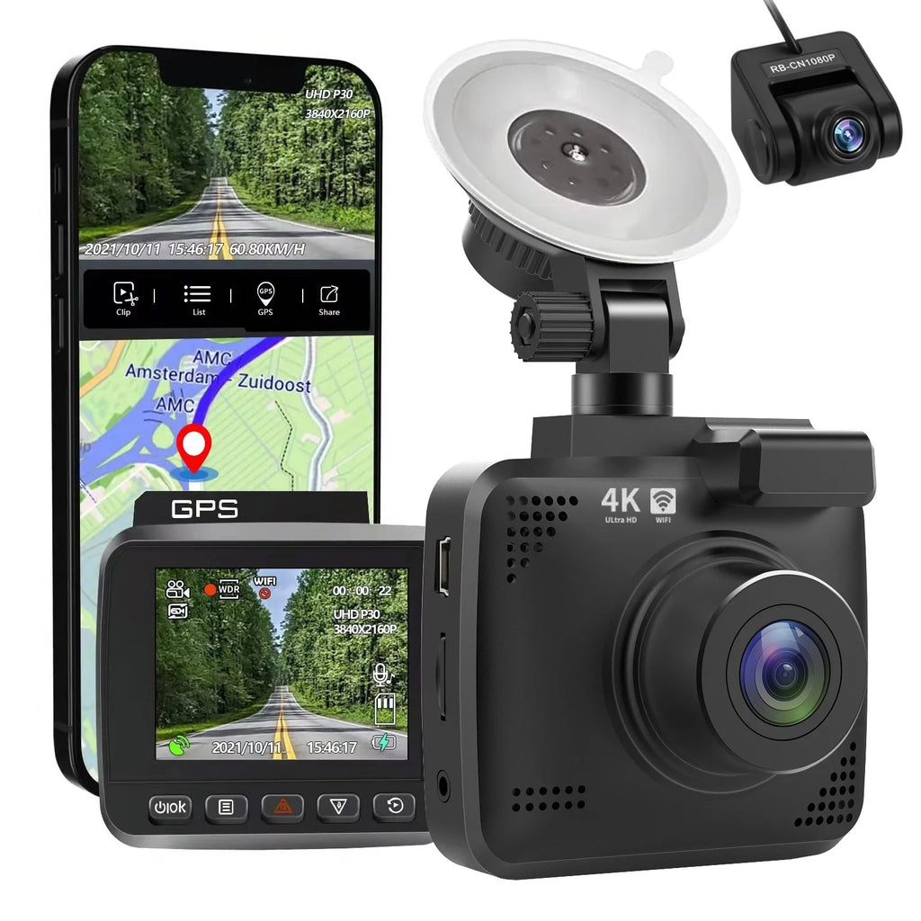 G-Sensor, WDR, GPS WiFi Wide 4K Recording, and Car for Camera, FHD with with Monitor, 2160P Built-in Recorder Cam Cars, Cam Vision, Loop Dash Front Dash Angle 170° Parking Driving Rear Night &