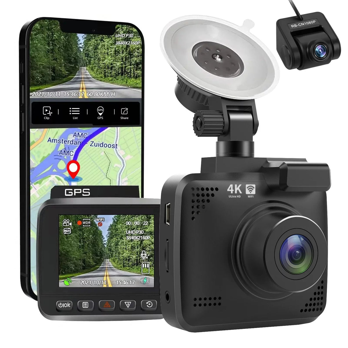 G-Sensor, WDR, GPS WiFi Wide 4K Recording, and Car for Camera, FHD with with Monitor, 2160P Built-in Recorder Cam Cars, Cam Vision, Loop Dash Front Dash Angle 170° Parking Driving Rear Night &