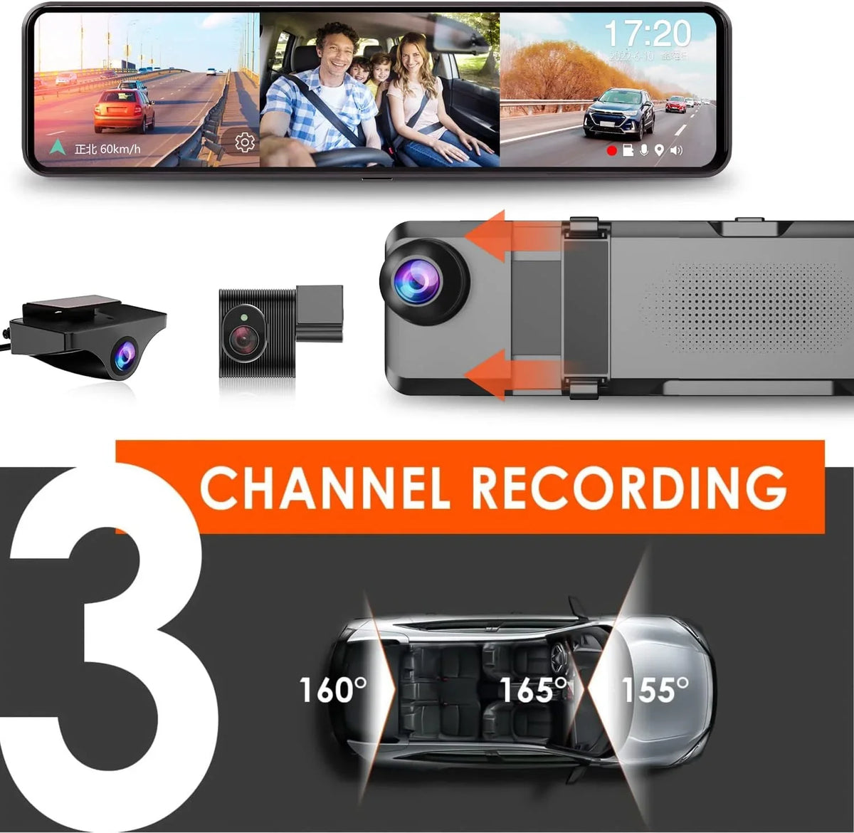 Cam Camera Card G-Sensor Screen Touch Night Channels Parking 4K for Vision Car VVCAR Dash Rear Mirror 3 32GB Monitor 11" GPS View