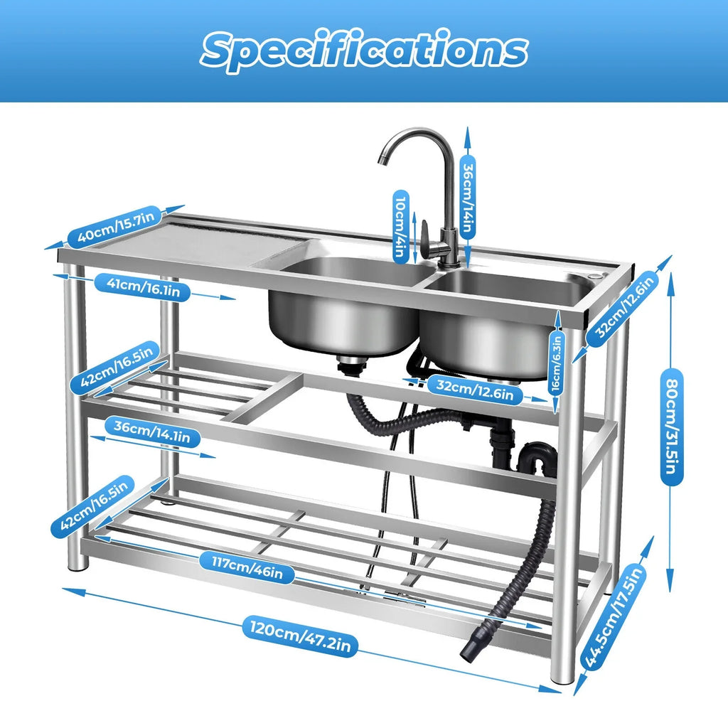 Stainless Utility w/Faucet Bowls Catering Kitchen Catering +Shelf Drainboard Bowl Bowl Sink 2 Prep Sink Kitchen 2 Prep Catering Sink 304 w/ Bowls Home Table Commercial Table Prep Steel Kitchen