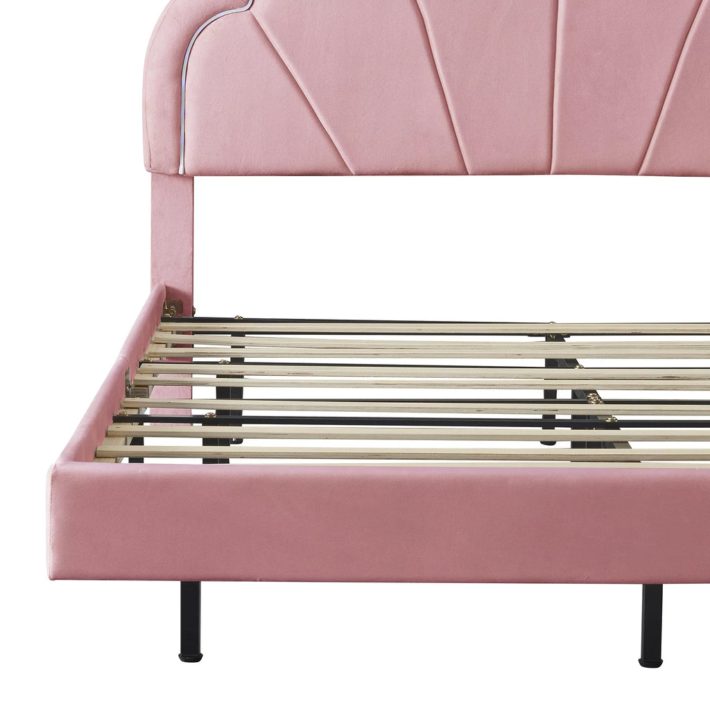 Wooden with Slats Velvet LED Queen Bed with Bed Upholstered Flowers LED Platform Smart CoSoTower Elegant Frame Headboard,Floating Support,Pink