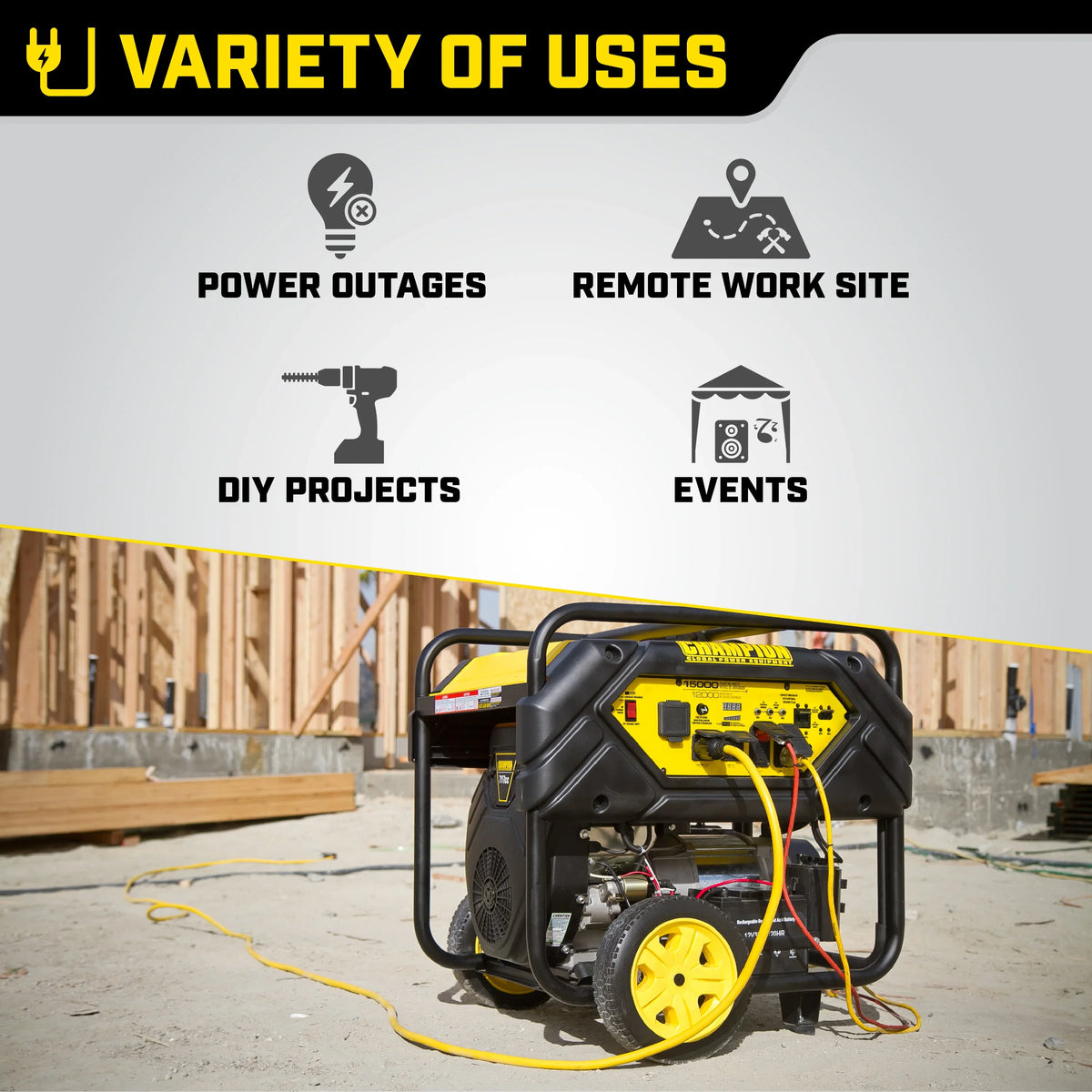 and 15,000/12,000 Lift Watts Generator Electric Power Hook with Champion Portable Equipment Start