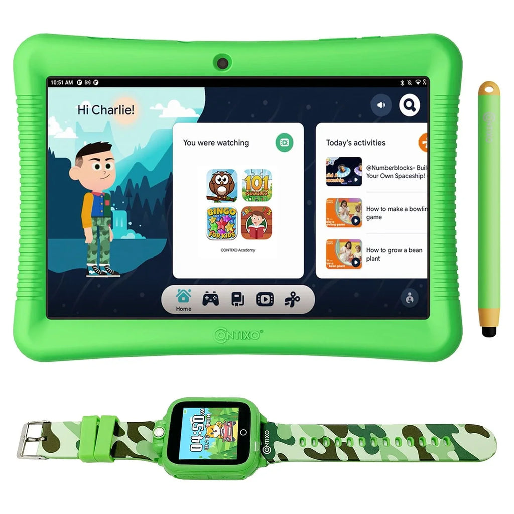 Stickers Case Model) & Kids with Smart (Value Storybooks Bundle Disney Tablet Kid-Proof Kickstand 64GB, and Android 80+ Green & Watch Includes 10" Contixo (2023 $400), Stylus, -