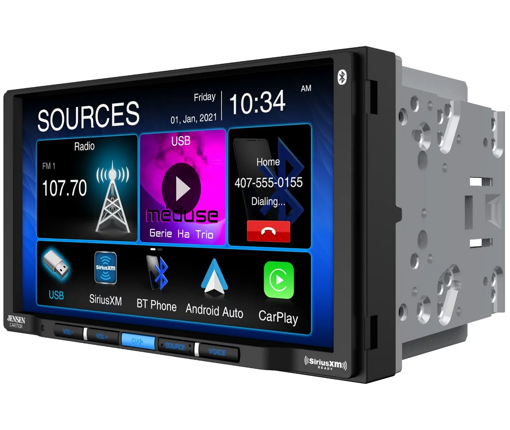 with l Mechless Jensen x l Built-in CarPlay Bluetooth l Multimedia Android 240 SiriusXM-Ready Receiver (60W 7” Power MOSFET 4) l CAR710X Auto Watts