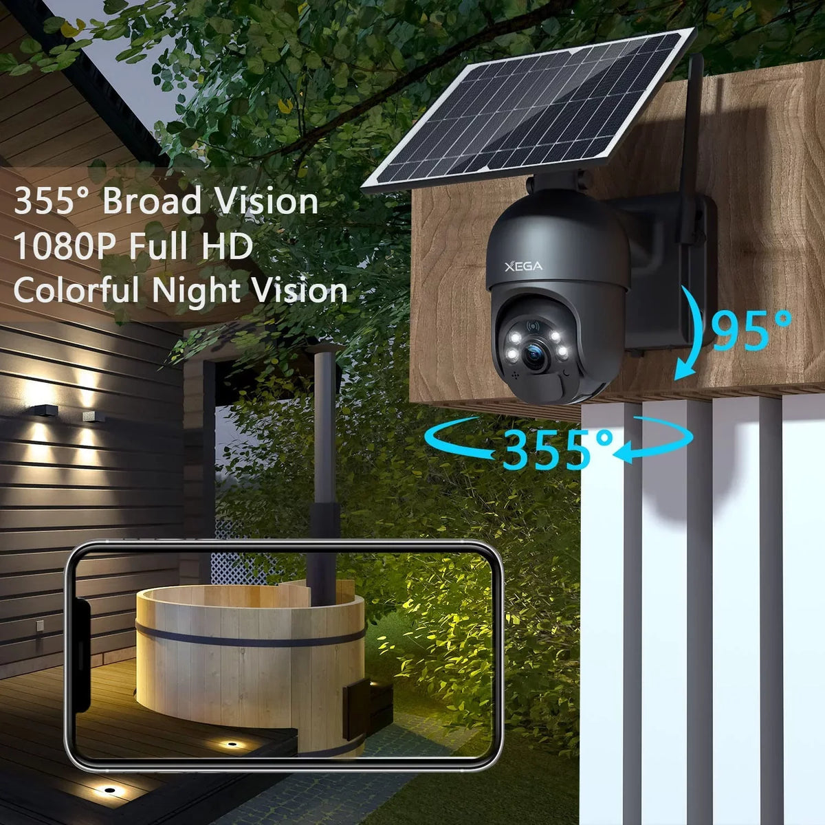 2-Way Need No Talk, Wireless 2K Zoom, Battery, 14400mAh Solar/Battery Pan Card, Tilt, 95° Camera Security Cellular IP66, Wifi 355° Xega Vision, LTE Rechargeable Power with 3G/4G 4X Night SIM exterior