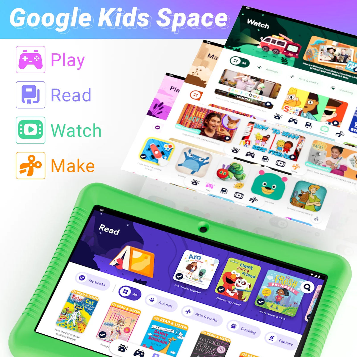 Stickers Case Model) & Kids with Smart (Value Storybooks Bundle Disney Tablet Kid-Proof Kickstand 64GB, and Android 80+ Green & Watch Includes 10" Contixo (2023 $400), Stylus, -